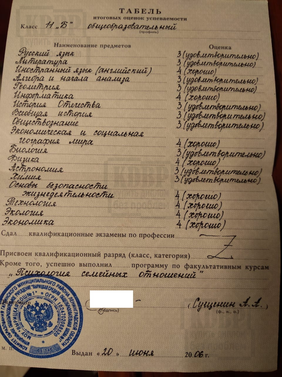 Приложение к аттестату о среднем (полном) общем образовании Вырицкой средней школы № 1 Ленинградской области 2006 года выдачи